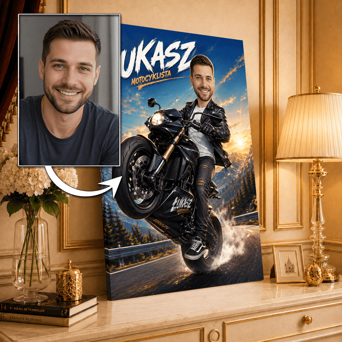 Motocyklista Ilustracja - druk na płótnie, spersonalizowany prezent dla motocyklisty - idamell.com