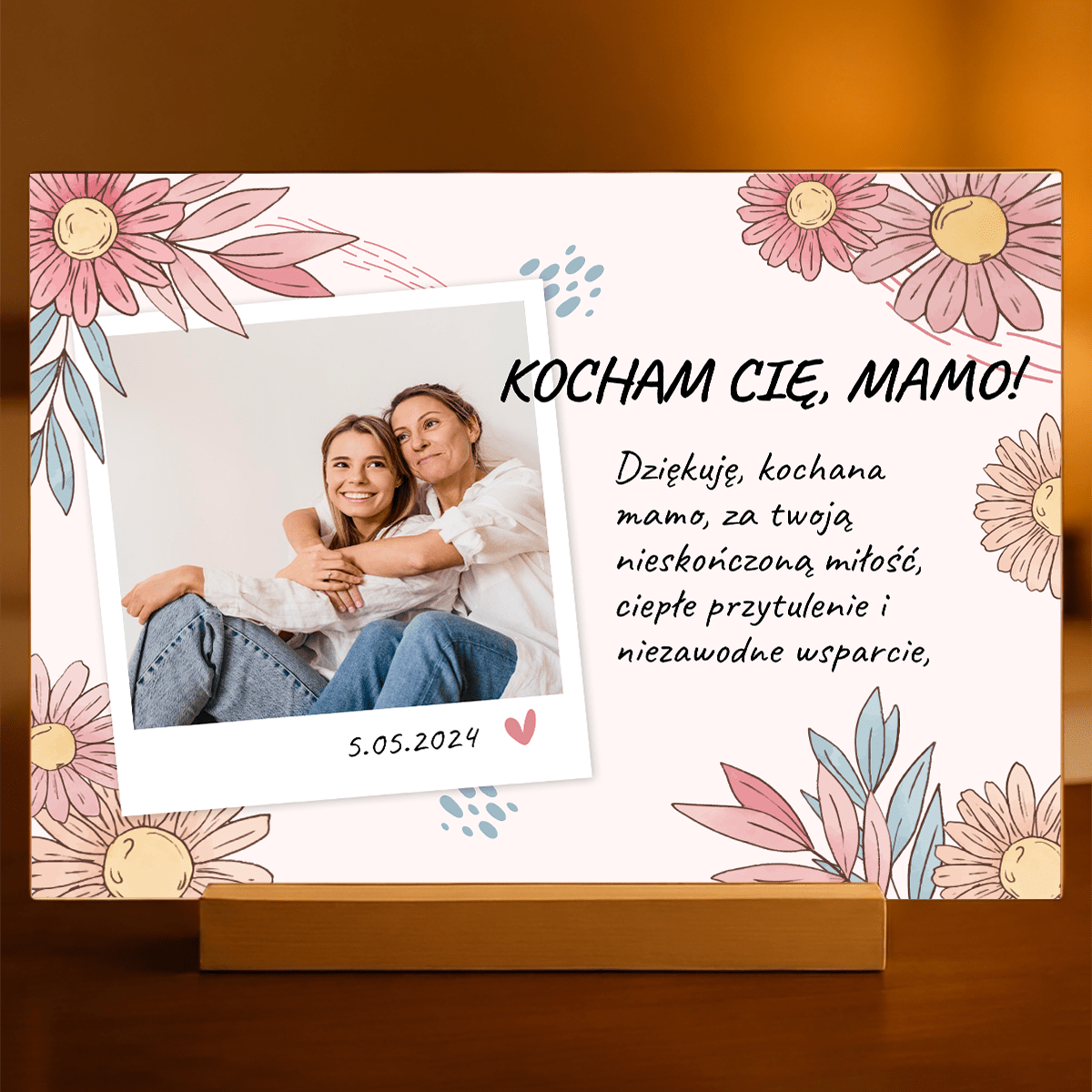 Motyw kwiatów + życzenia - Druk na szkle, spersonalizowany prezent dla mamy - idamell.com