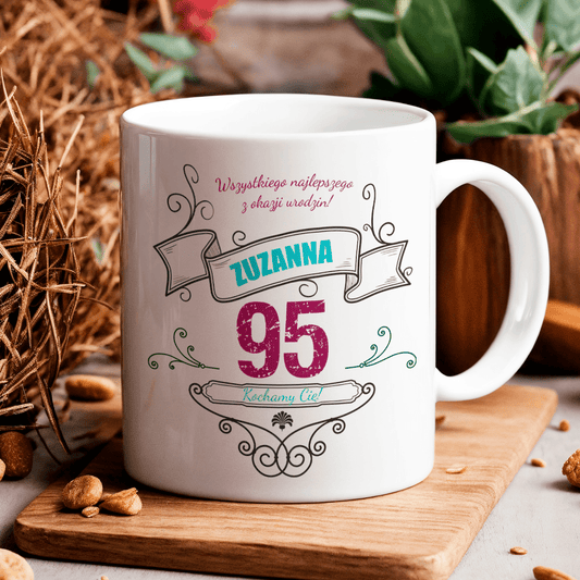 Na 95. urodziny+imię - 1x Kubek z nadrukiem, spersonalizowany prezent dla niej - idamell.com