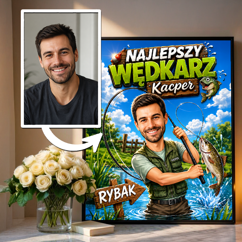 Najlepszy wędkarz ilustracja - plakat, spersonalizowany prezent dla wędkarza - idamell.com