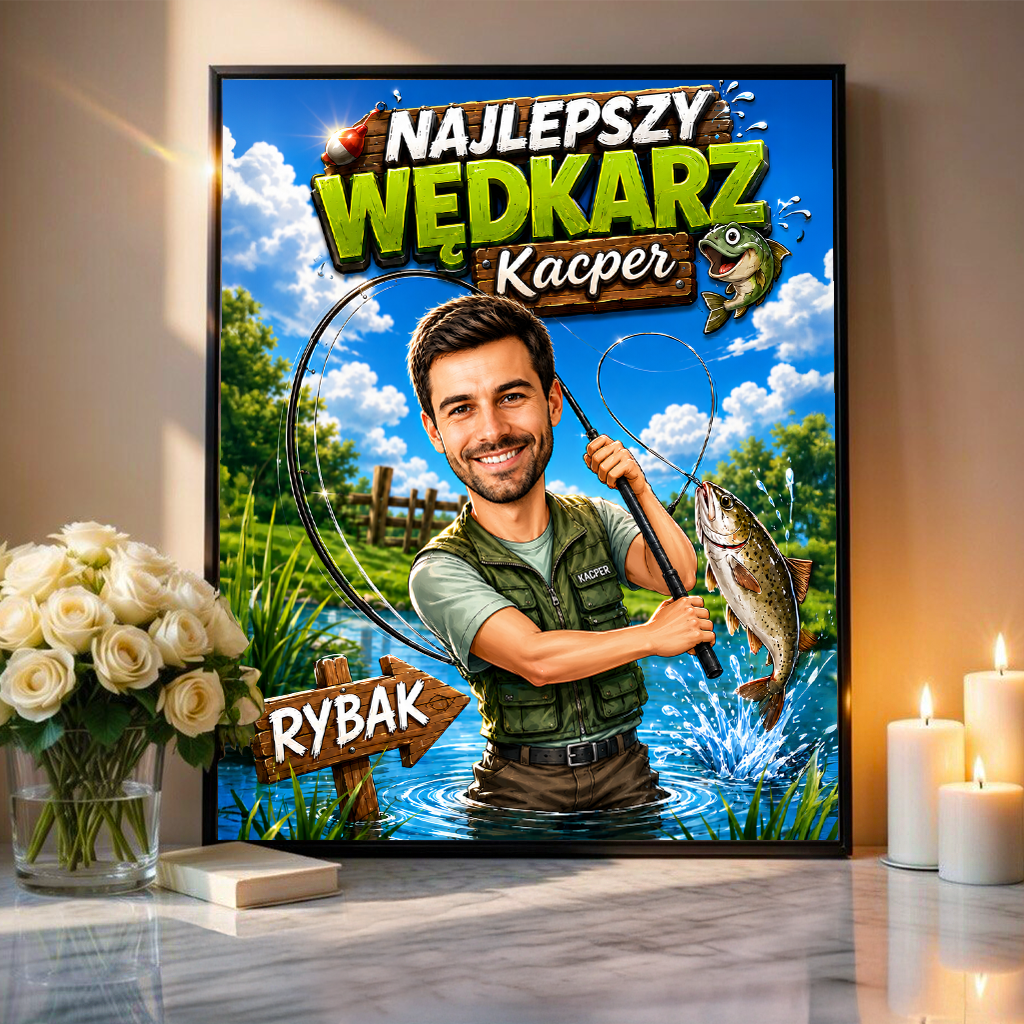 Najlepszy wędkarz ilustracja - plakat, spersonalizowany prezent dla wędkarza - idamell.com