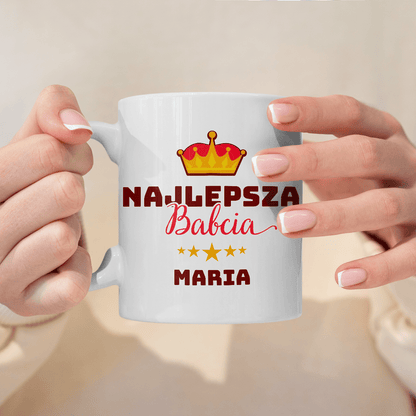 Napis najlepsza babcia + imię - 1x Kubek z nadrukiem, spersonalizowany prezent dla babci - idamell.com