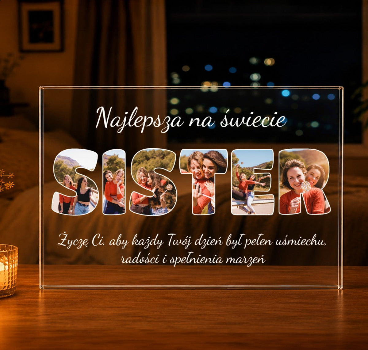 Napis SISTER kolaż - Druk na szkle, spersonalizowany prezent dla siostry - idamell.com