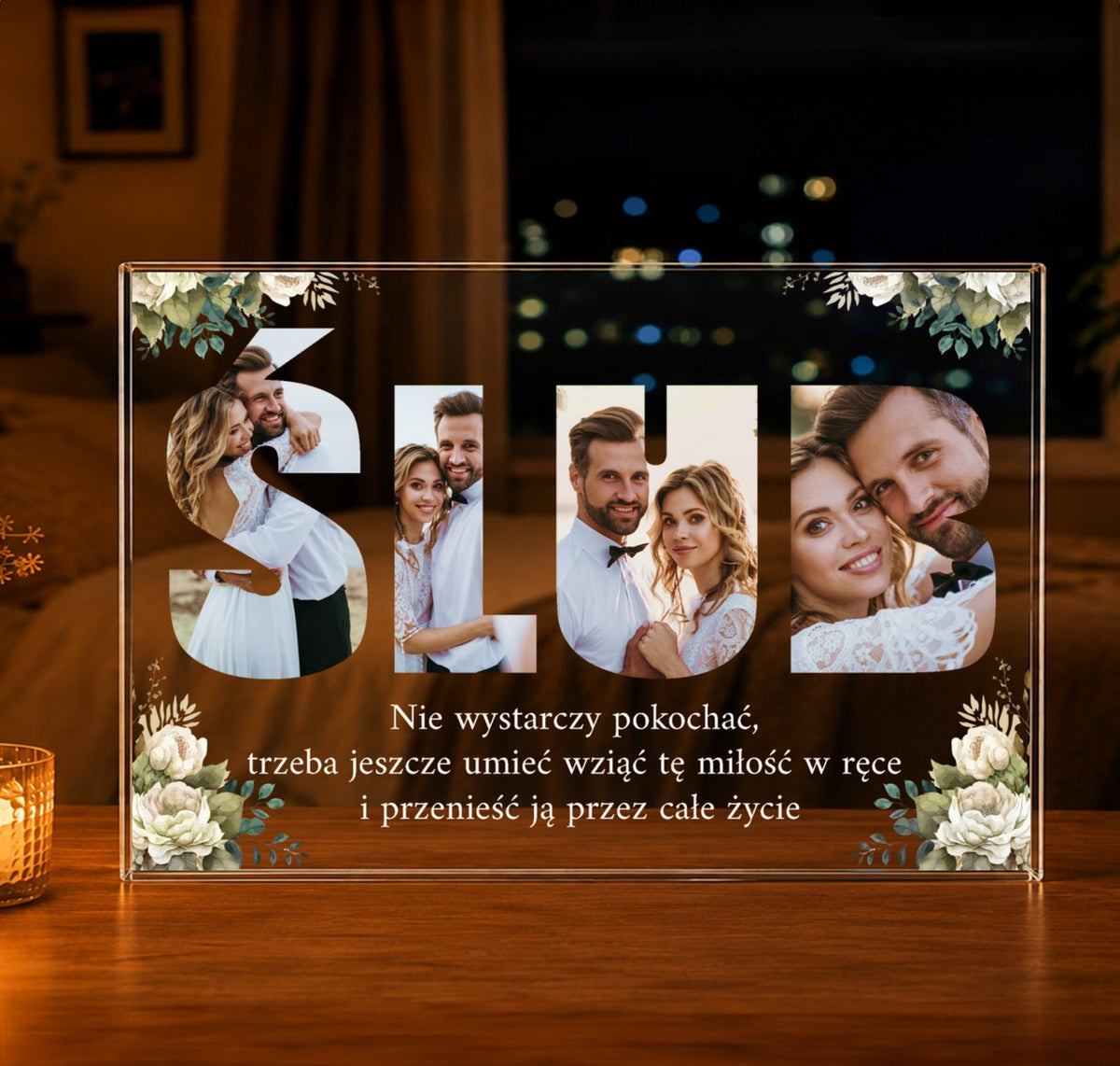 Napis ŚLUB kolaż - Druk na szkle, spersonalizowany prezent dla pary - idamell.com