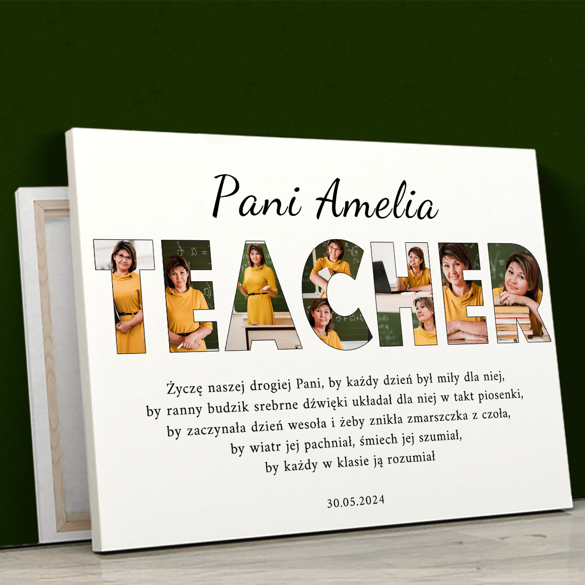 Napis TEACHER kolaż - druk na płótnie, spersonalizowany prezent dla nauczyciela - idamell.com