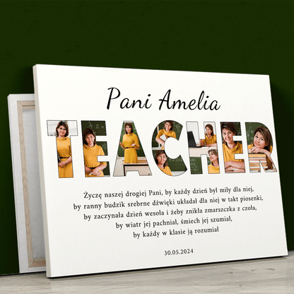 Napis TEACHER kolaż - druk na płótnie, spersonalizowany prezent dla nauczyciela - idamell.com