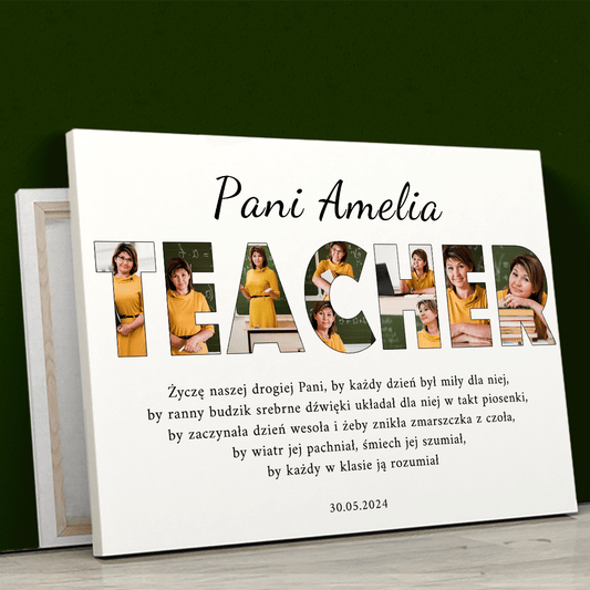Napis TEACHER kolaż - druk na płótnie, spersonalizowany prezent dla nauczyciela - idamell.com