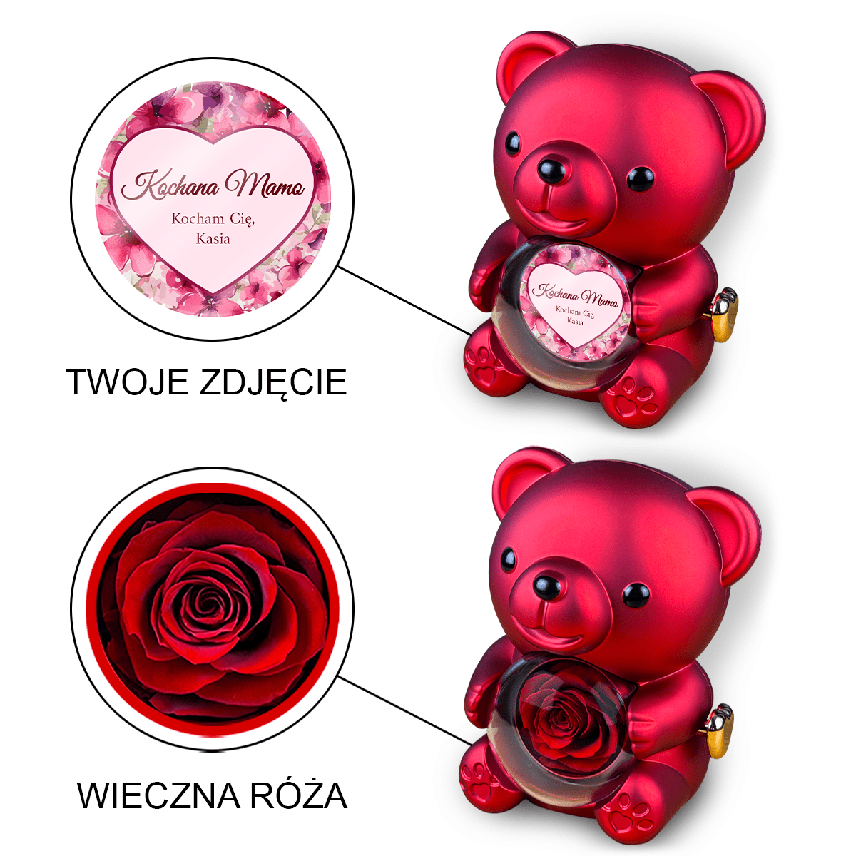 Napis w sercu - Miś z różą wieczną i wydrukiem, spersonalizowany prezent dla mamy - idamell.com