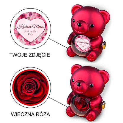Napis w sercu - Miś z różą wieczną i wydrukiem, spersonalizowany prezent dla mamy - idamell.com