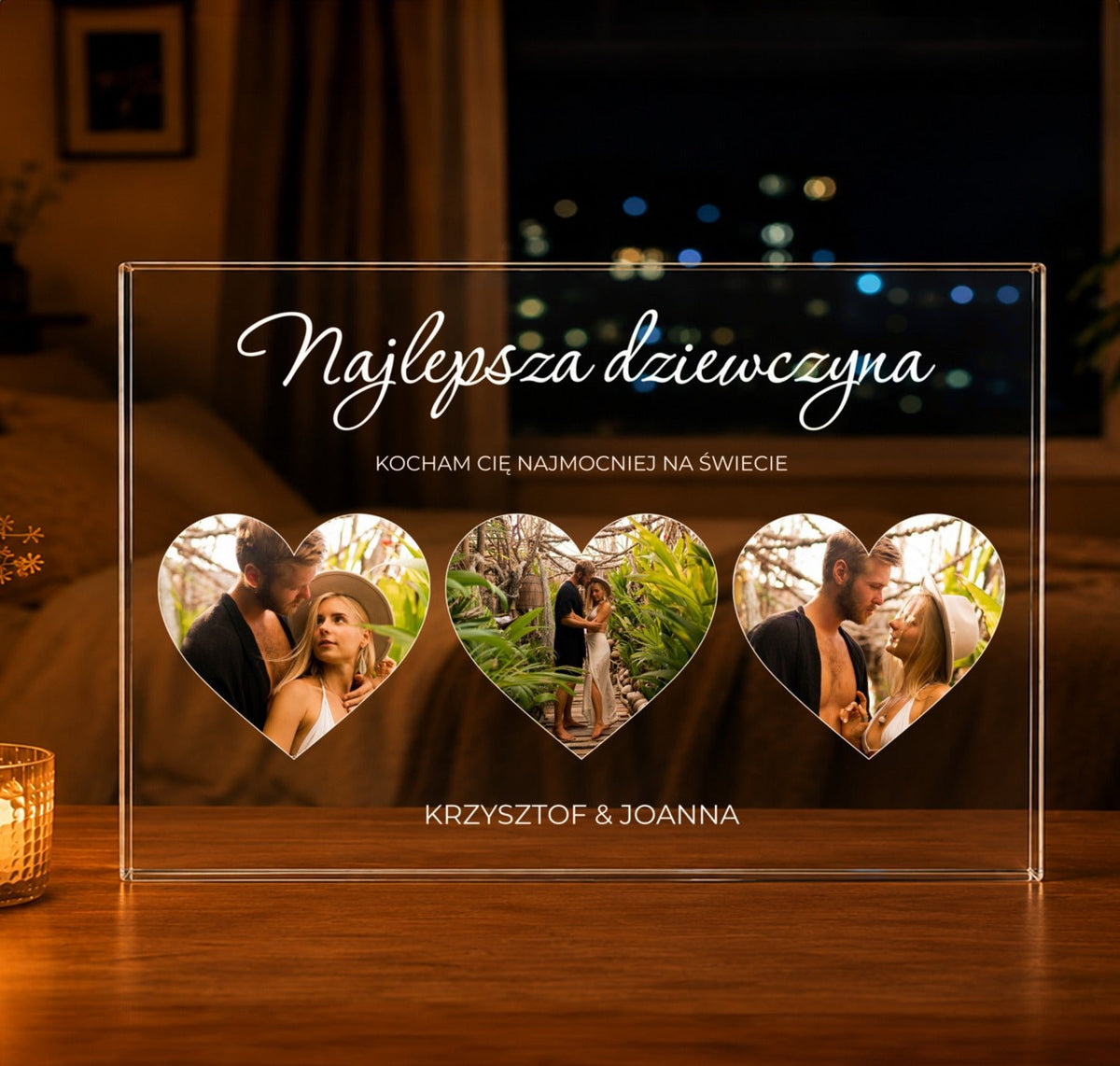 Napis + zdjęcia w sercach - Druk na szkle, spersonalizowany prezent dla niej - idamell.com
