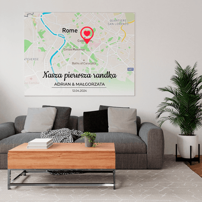 Nasza pierwsza randka Mapa - druk na płótnie, spersonalizowany prezent dla pary - idamell.com