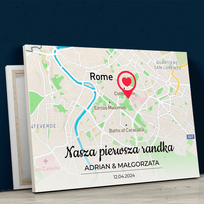 Nasza pierwsza randka Mapa - druk na płótnie, spersonalizowany prezent dla pary - idamell.com