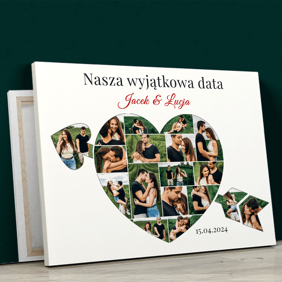 Nasza szczególna data - kolaż serce ze strzałą - druk na płótnie, spersonalizowany prezent dla pary - idamell.com