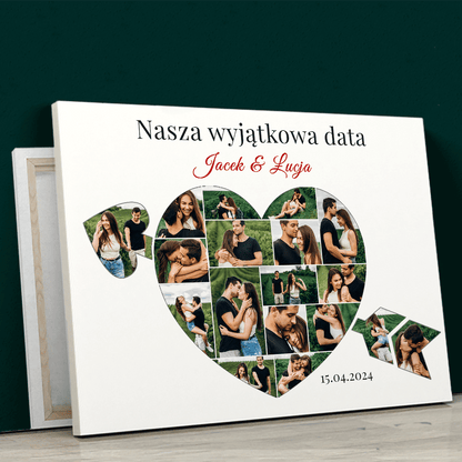 Nasza szczególna data - kolaż serce ze strzałą - druk na płótnie, spersonalizowany prezent dla pary - idamell.com