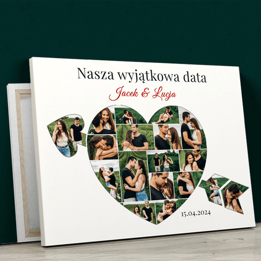 Nasza szczególna data - kolaż serce ze strzałą - druk na płótnie, spersonalizowany prezent dla pary - idamell.com