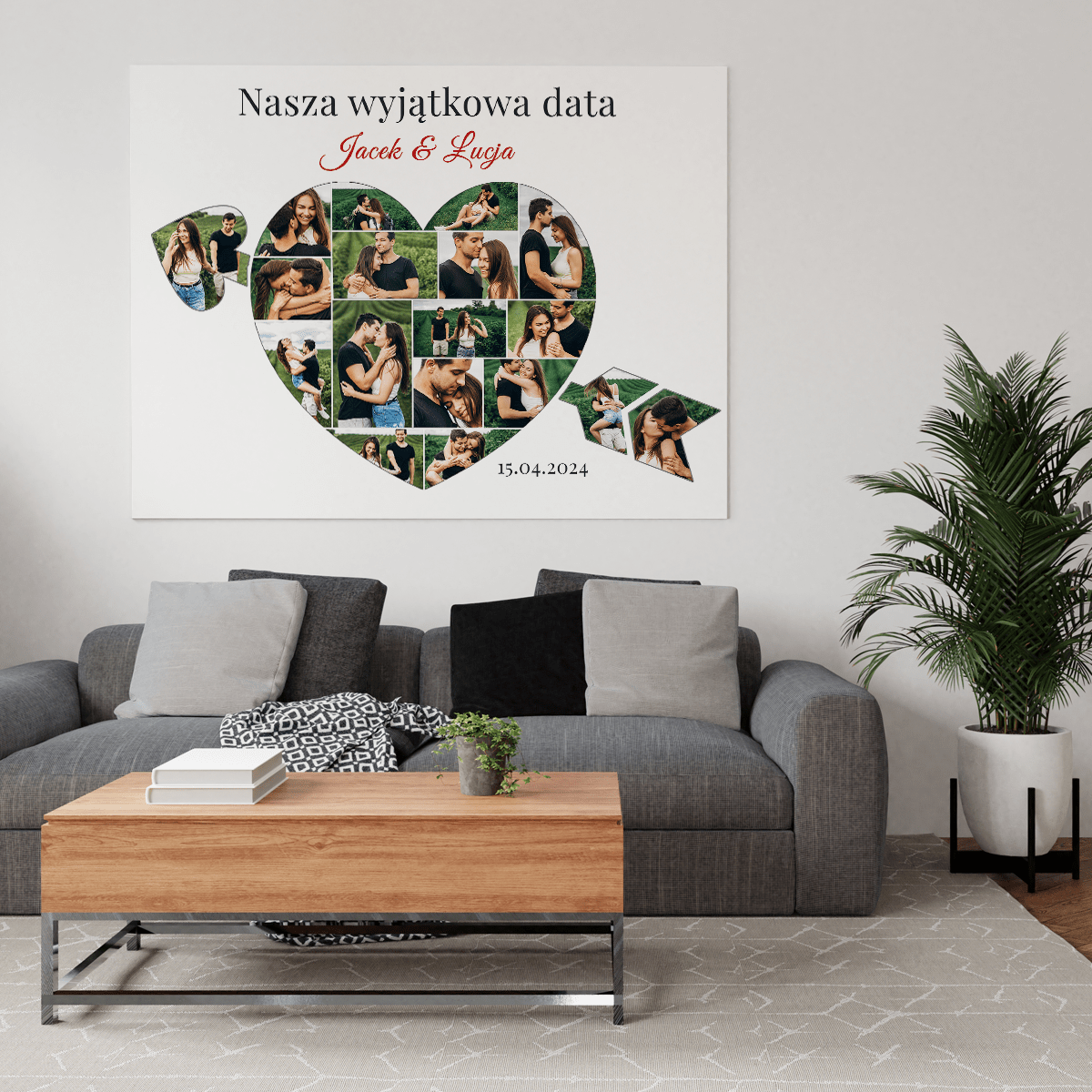 Nasza szczególna data - kolaż serce ze strzałą - druk na płótnie, spersonalizowany prezent dla pary - idamell.com