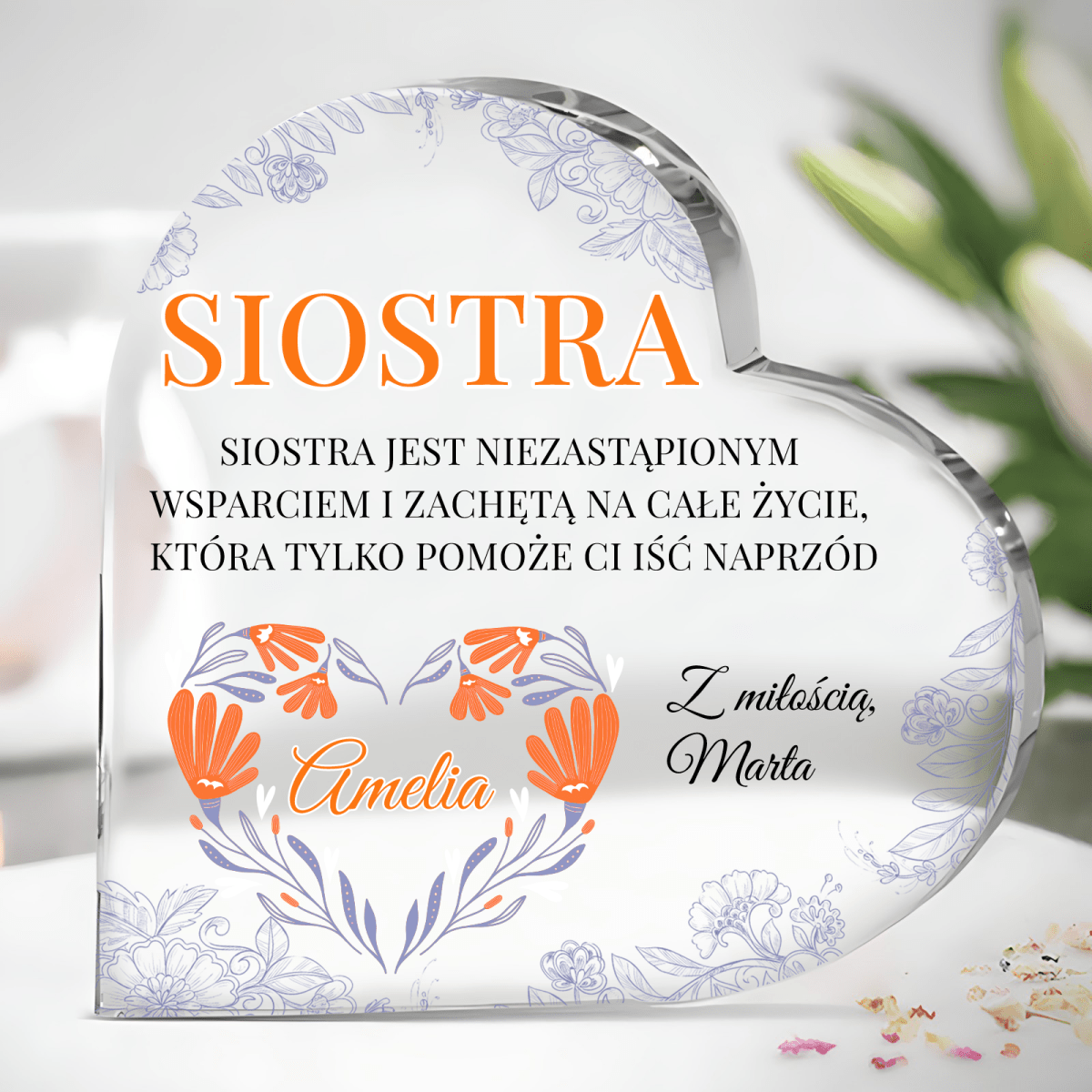 Niezastąpiona siostra - Szklane serce, spersonalizowany prezent dla siostry - idamell.com