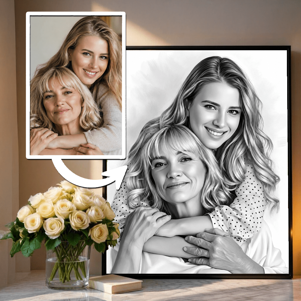 Ołówkowy portret mamy i córki - plakat, spersonalizowany prezent dla mamy - idamell.com