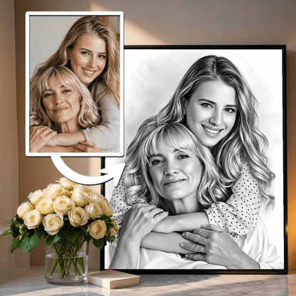 Ołówkowy portret mamy i córki - plakat, spersonalizowany prezent dla mamy - idamell.com