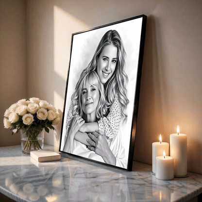 Ołówkowy portret mamy i córki - plakat, spersonalizowany prezent dla mamy - idamell.com