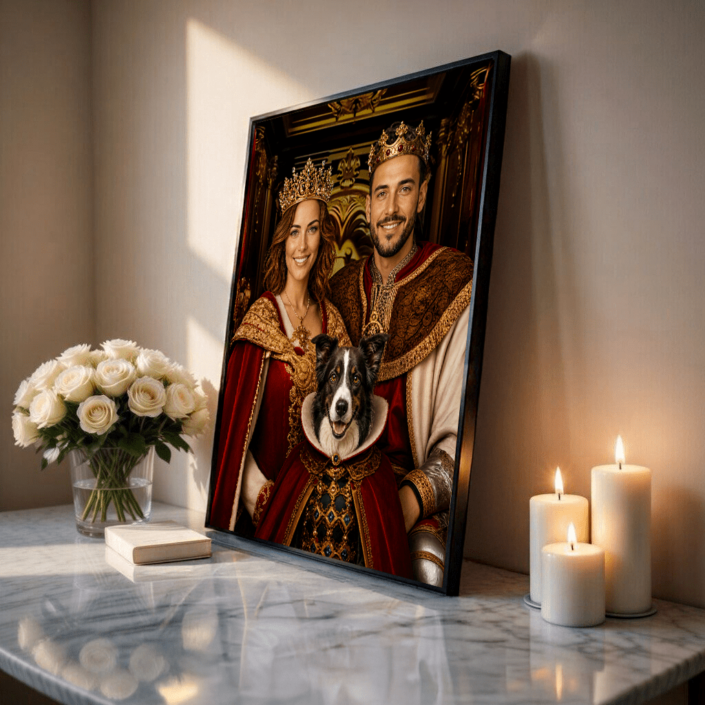 Para królewska z psem - plakat, spersonalizowany prezent dla pary - idamell.com