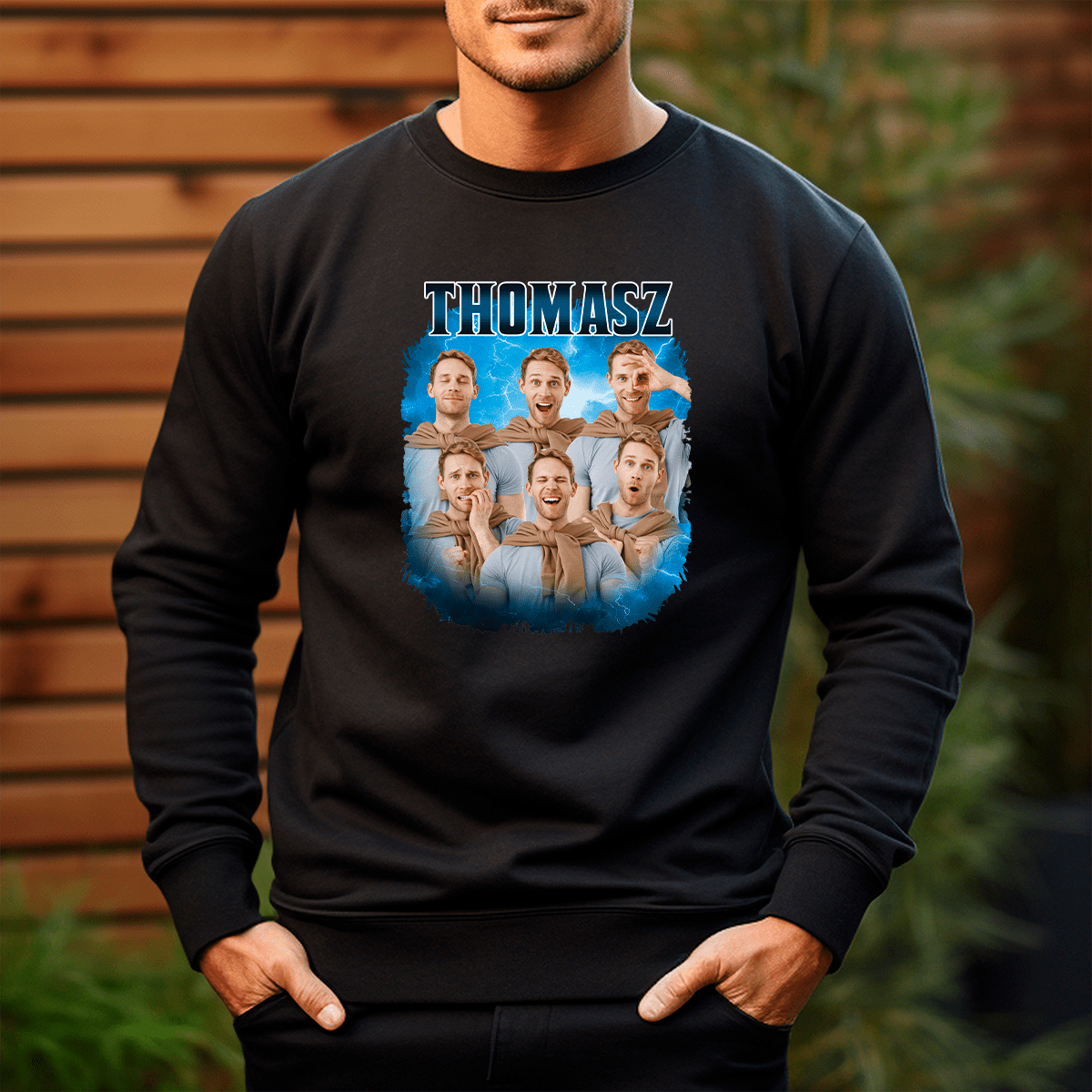 Personalizowana bluza męska z własnym nadrukiem JEGO IMIĘ + ZDJĘCIE - prezent dla niego - idamell.com