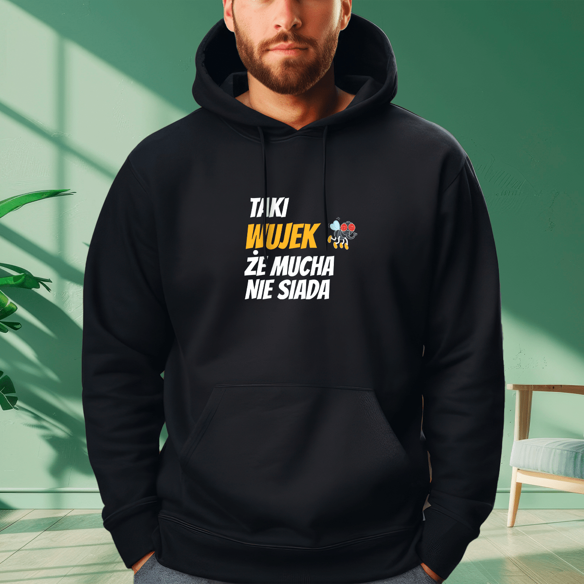 Personalizowana bluza męska z własnym nadrukiem MUCHA NIE SIADA - prezent dla wujka - idamell.com