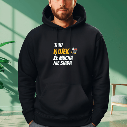 Personalizowana bluza męska z własnym nadrukiem MUCHA NIE SIADA - prezent dla wujka - idamell.com