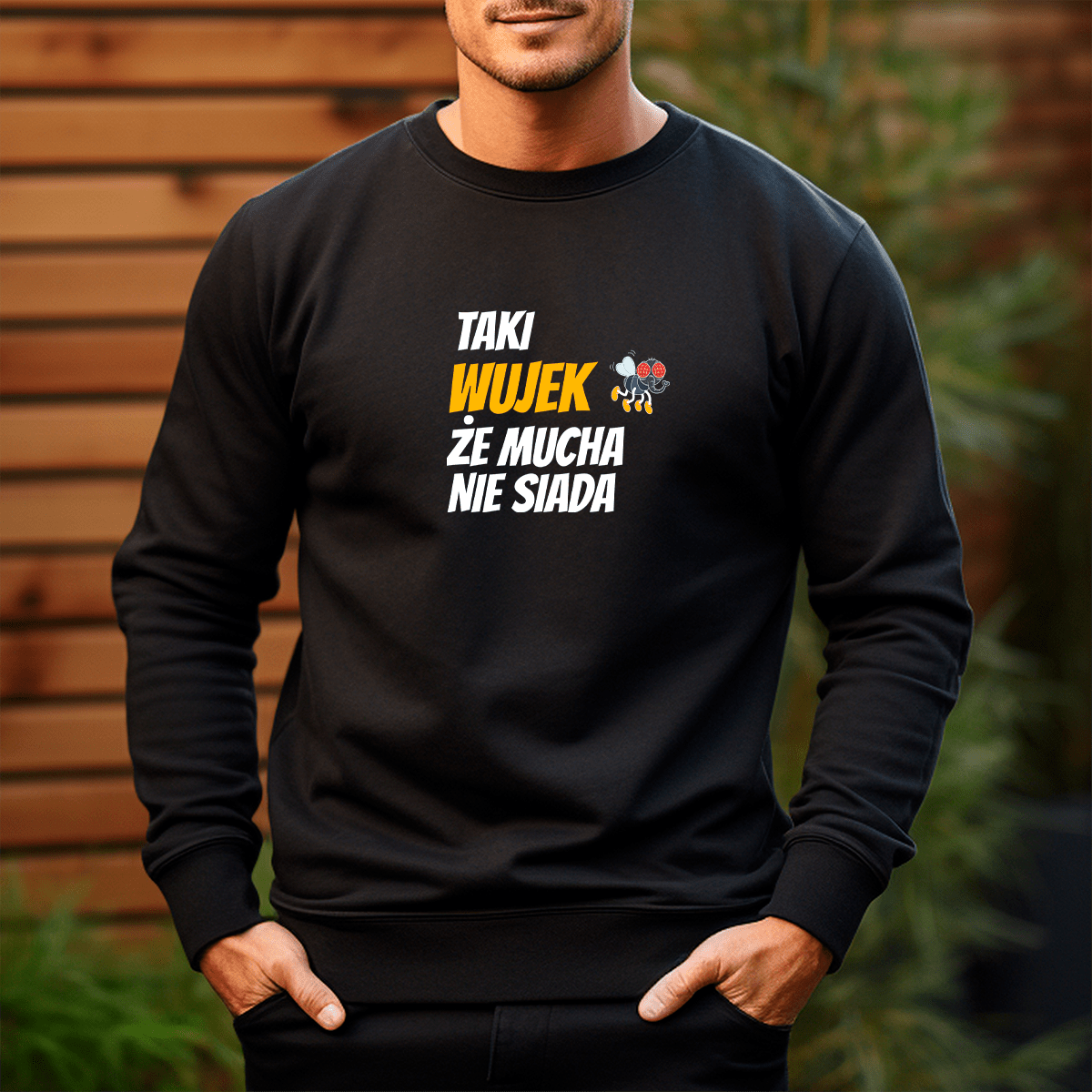 Personalizowana bluza męska z własnym nadrukiem MUCHA NIE SIADA - prezent dla wujka - idamell.com