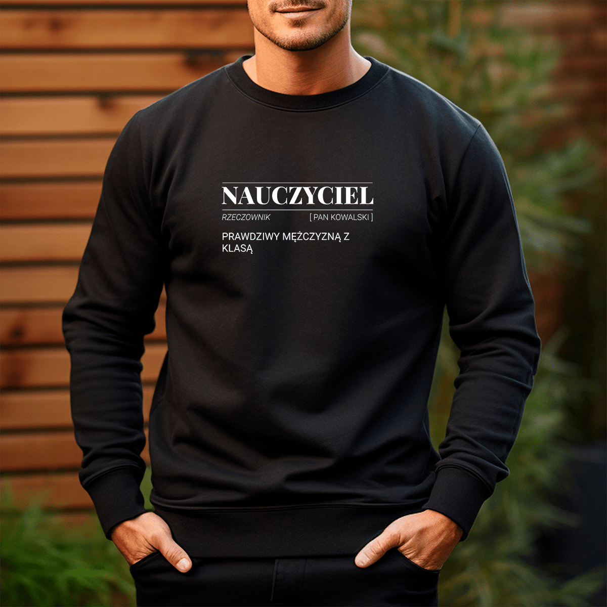 Personalizowana bluza męska z własnym nadrukiem NAUCZYCIEL Z KLASĄ - prezent dla nauczyciela - idamell.com