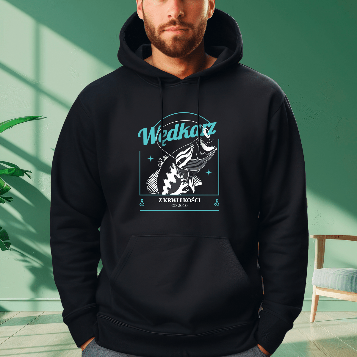 Personalizowana bluza męska z własnym nadrukiem WĘDKARZ Z KRWI I KOŚCI - prezent dla mężczyzny - idamell.com