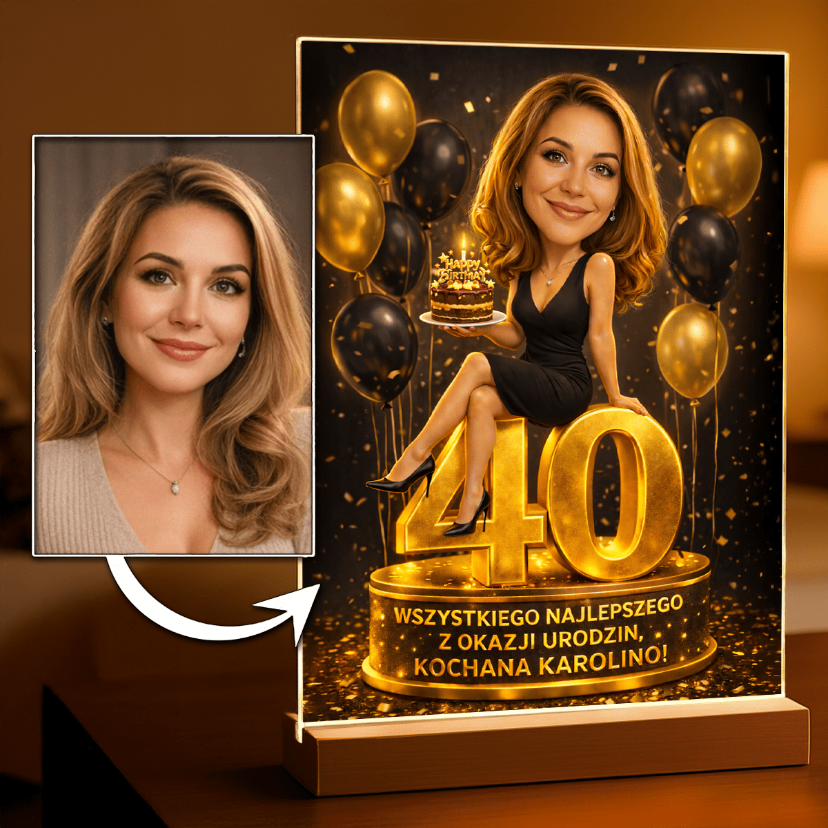 Personalizowana karykatura glamour na szkle akrylowym – Prezent na 40. urodziny - idamell.com