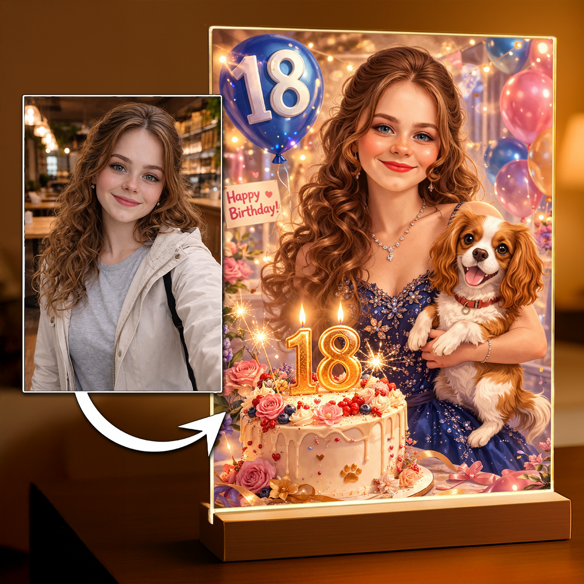 Personalizowany portret na 18. urodziny w bajkowym stylu – nadruk na szkle akrylowym - idamell.com