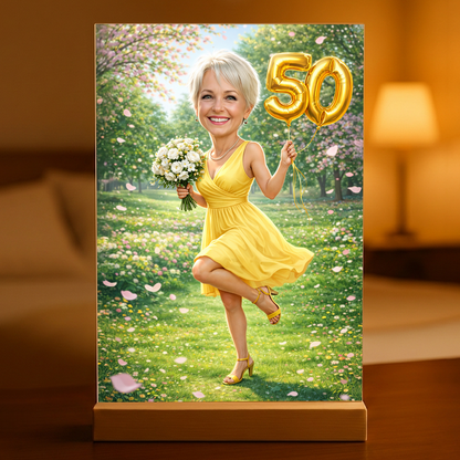 Personalizowany portret na 50. urodziny na szkle akrylowym – Styl bajkowy - idamell.com