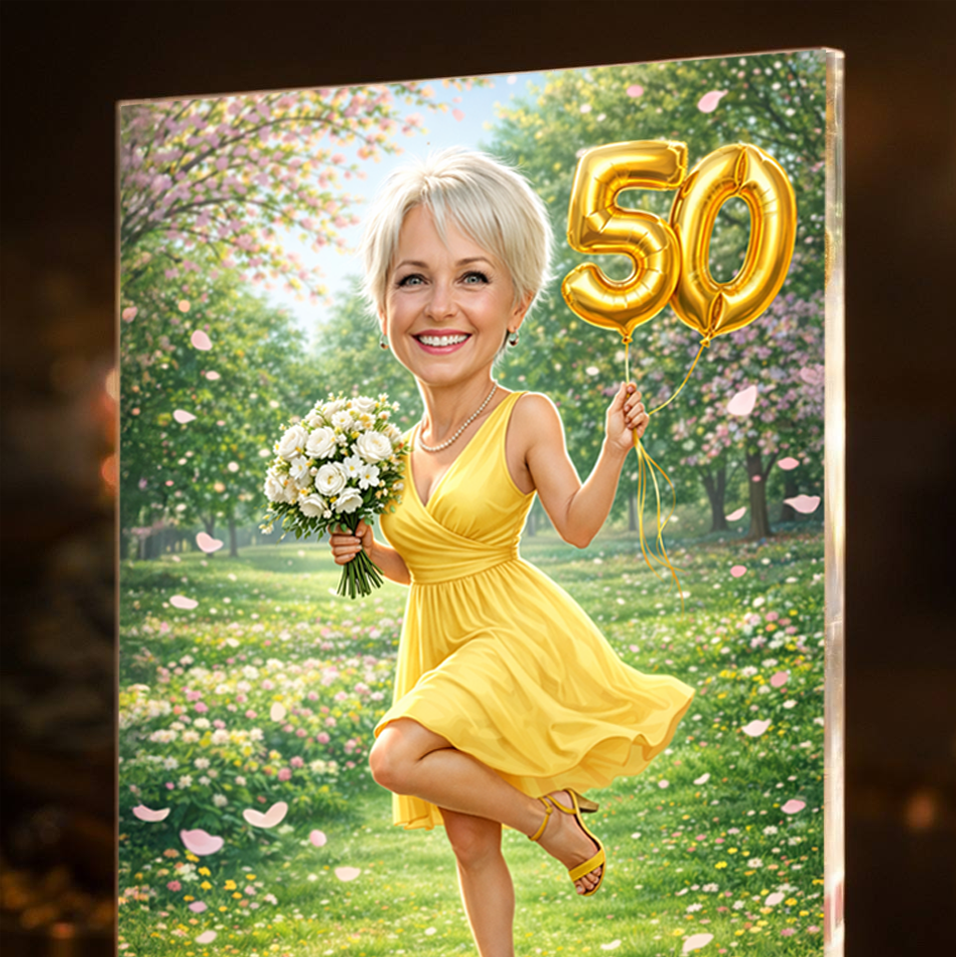 Personalizowany portret na 50. urodziny na szkle akrylowym – Styl bajkowy - idamell.com