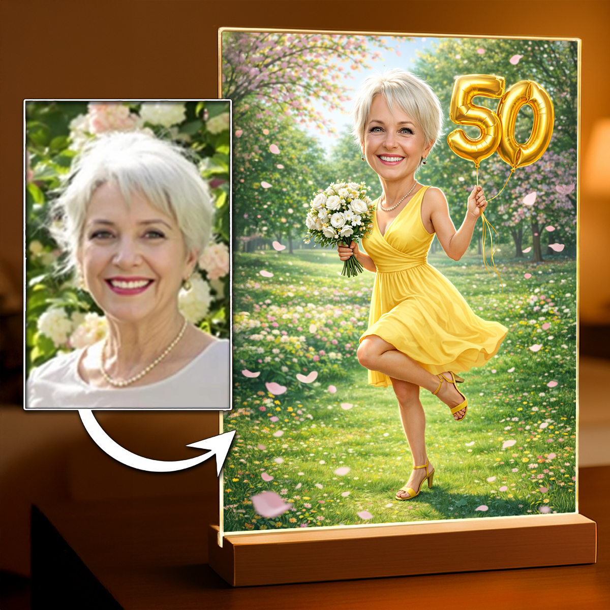 Personalizowany portret na 50. urodziny na szkle akrylowym – Styl bajkowy - idamell.com