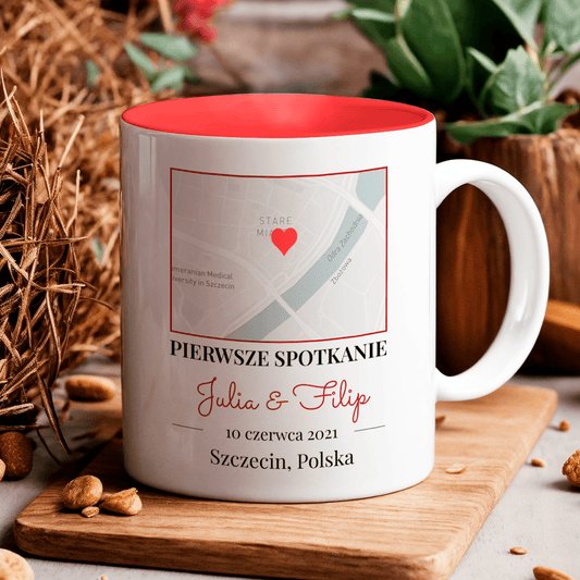 Pierwsze spotkanie mapa - 1x Kubek z nadrukiem, spersonalizowany prezent dla pary - idamell.com
