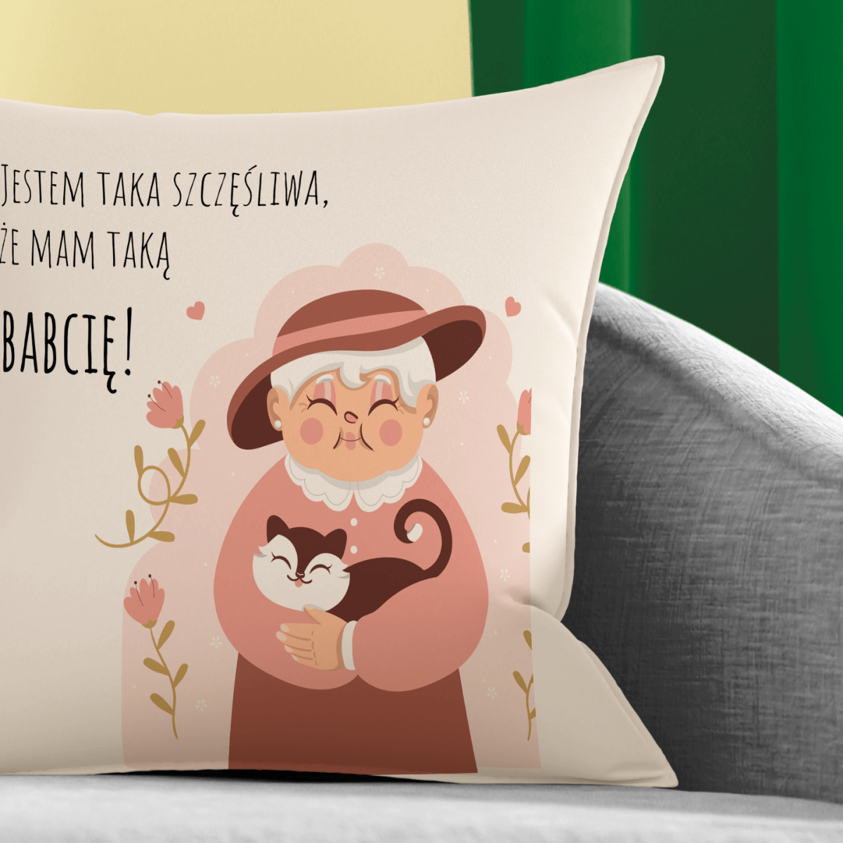 Poduszka z nadrukiem JESTEM TAKA SZCZĘŚLIWA - spersonalizowany prezent dla babci - idamell.com