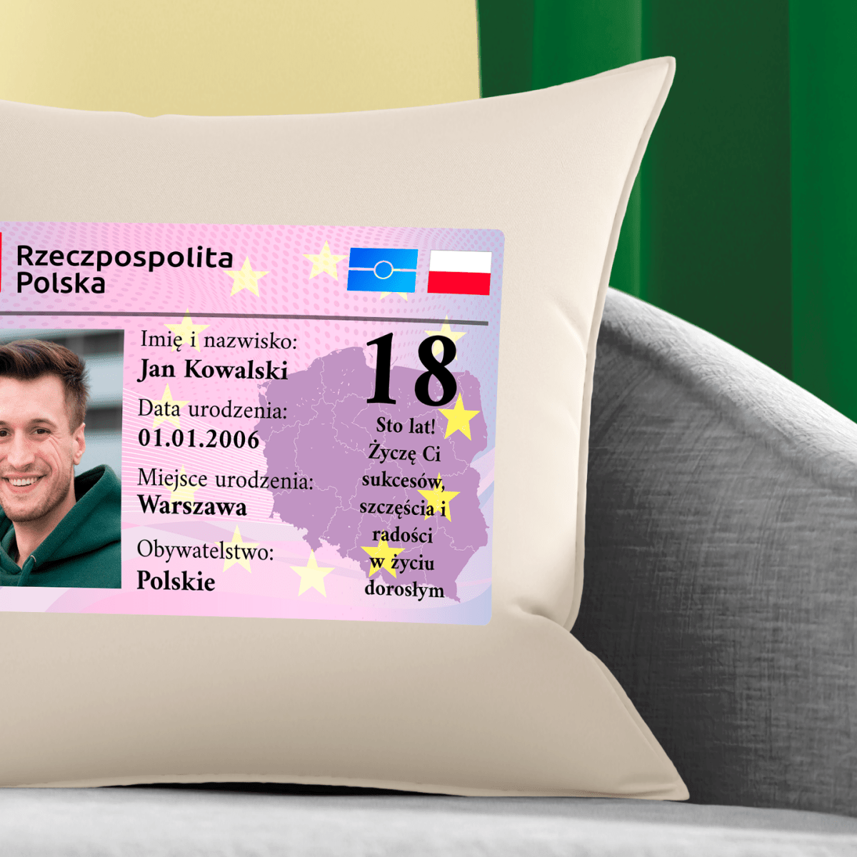 Poduszka z własnym nadrukiem DOWÓD OSOBISTY - spersonalizowany prezent dla niego - idamell.com