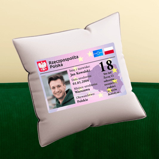 Poduszka z własnym nadrukiem DOWÓD OSOBISTY - spersonalizowany prezent dla niego - idamell.com