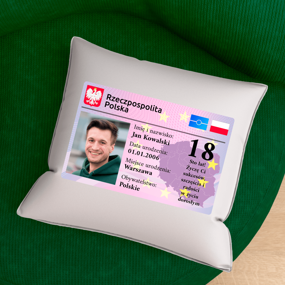 Poduszka z własnym nadrukiem DOWÓD OSOBISTY - spersonalizowany prezent dla niego - idamell.com