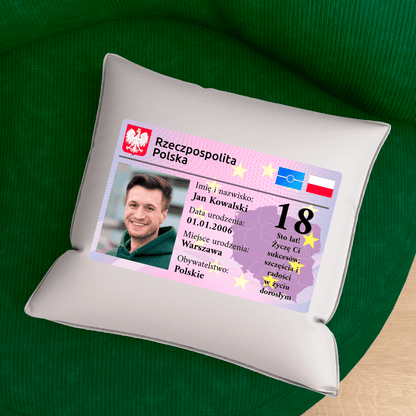 Poduszka z własnym nadrukiem DOWÓD OSOBISTY - spersonalizowany prezent dla niego - idamell.com