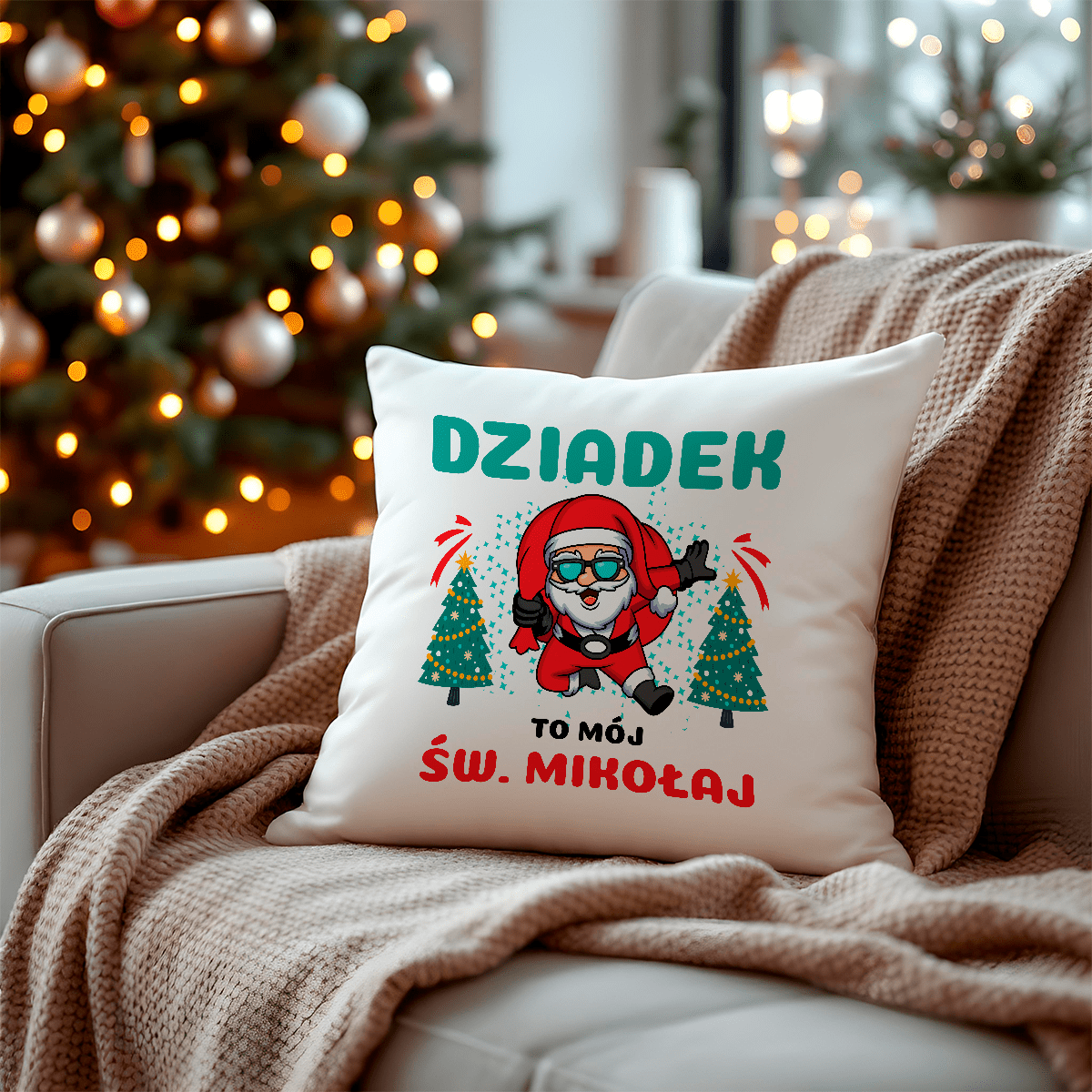 Poduszka z własnym nadrukiem DZIADEK JAK MIKOŁAJ - spersonalizowany prezent dla dziadka - idamell.com