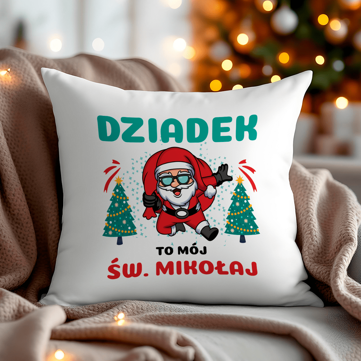Poduszka z własnym nadrukiem DZIADEK JAK MIKOŁAJ - spersonalizowany prezent dla dziadka - idamell.com