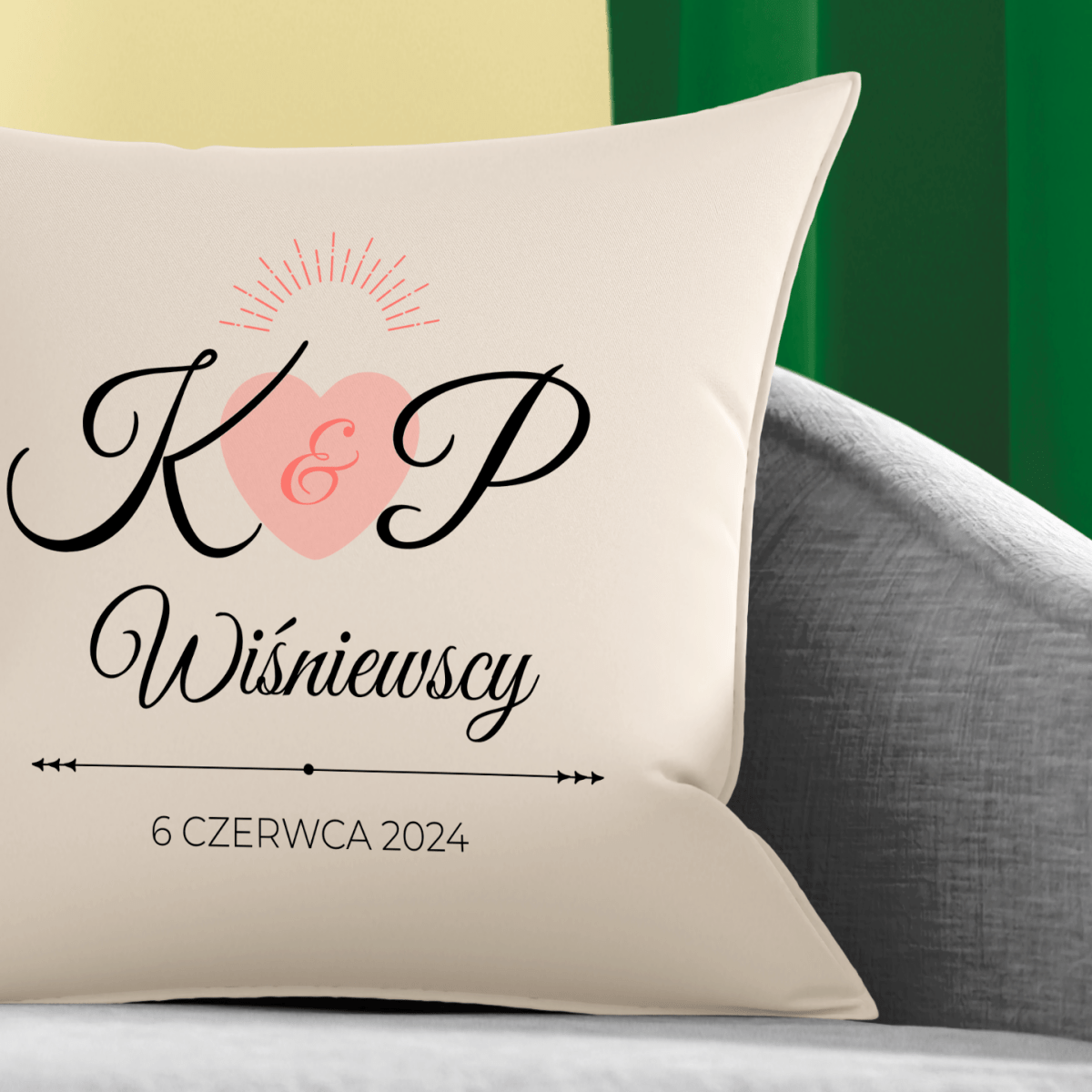 Poduszka z własnym nadrukiem INICJAŁY + DATA - spersonalizowany prezent dla pary - idamell.com