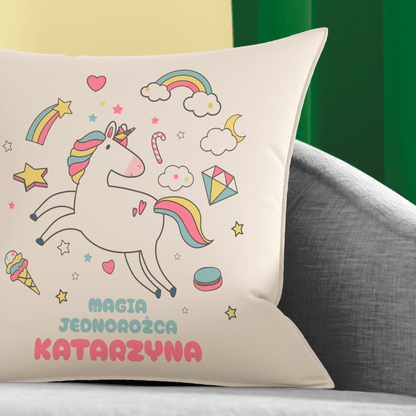 Poduszka z własnym nadrukiem JEDNOROŻEC - spersonalizowany prezent dla dziecka - idamell.com