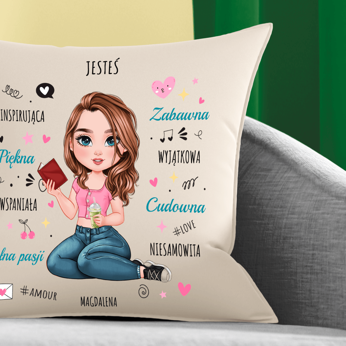 Poduszka z własnym nadrukiem KOMPLEMENTY CLIPART - spersonalizowany prezent dla niej - idamell.com