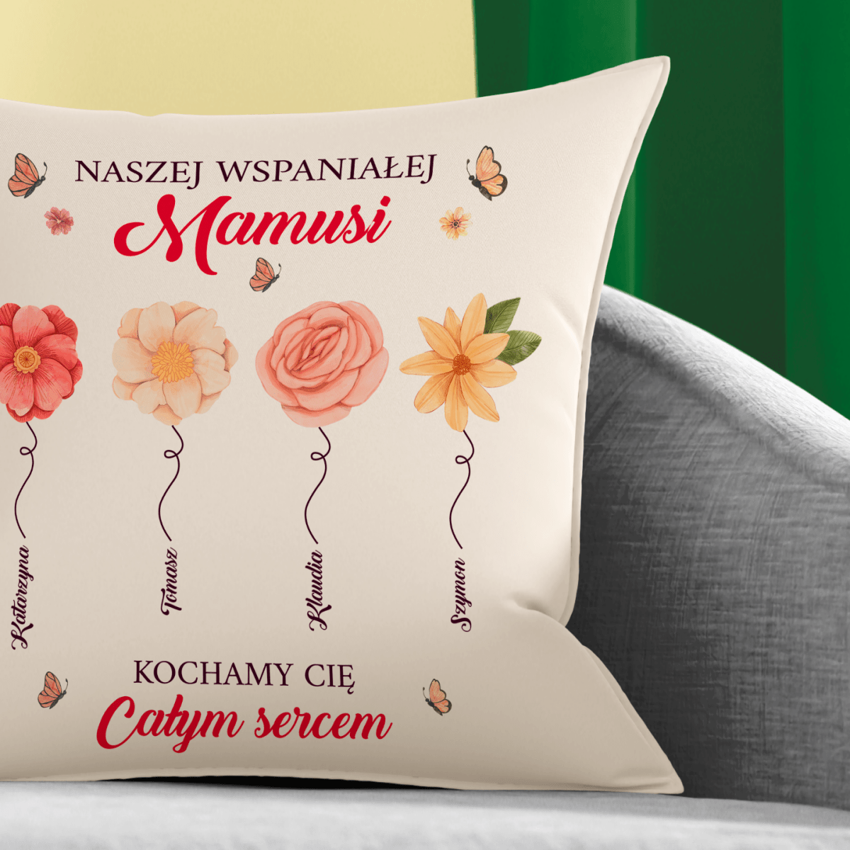 Poduszka z własnym nadrukiem KWIATY DLA MAMY - spersonalizowany prezent dla mamy - idamell.com