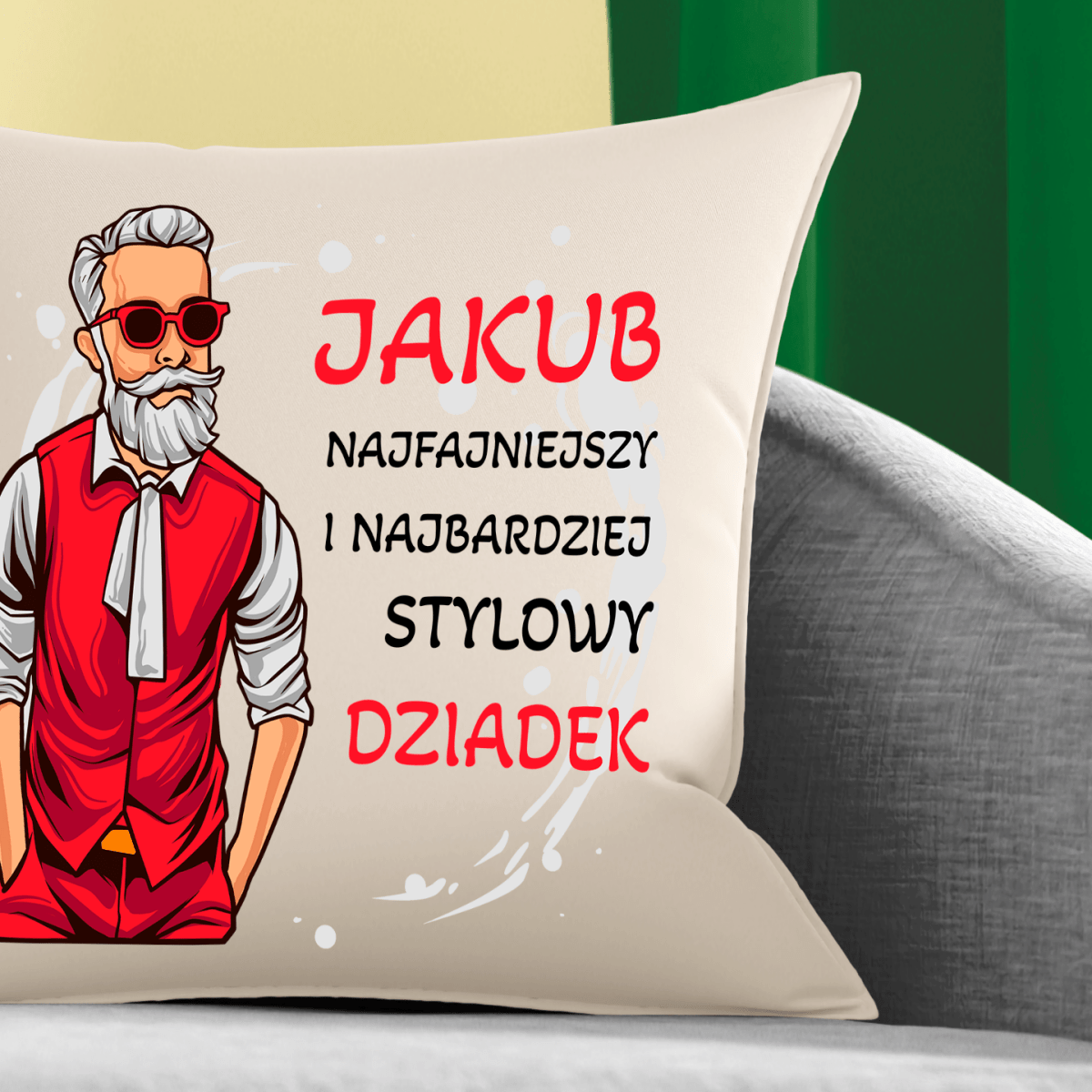 Poduszka z własnym nadrukiem NAJFAJNIEJSZY DZIADEK - spersonalizowany prezent dla dziadka - idamell.com