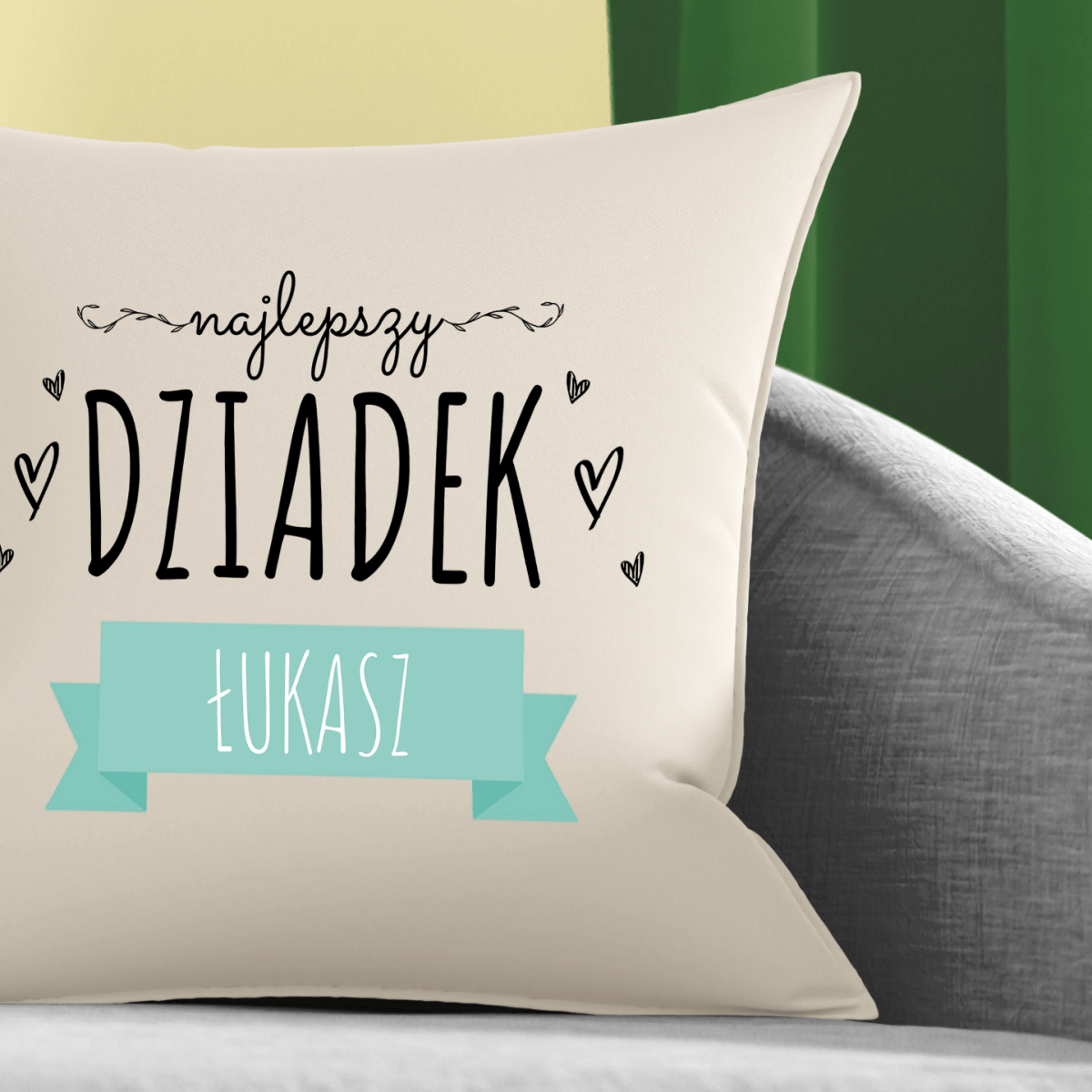 Poduszka z własnym nadrukiem NAJLEPSZY DZIADEK + IMIĘ - spersonalizowany prezent dla dziadka - idamell.com